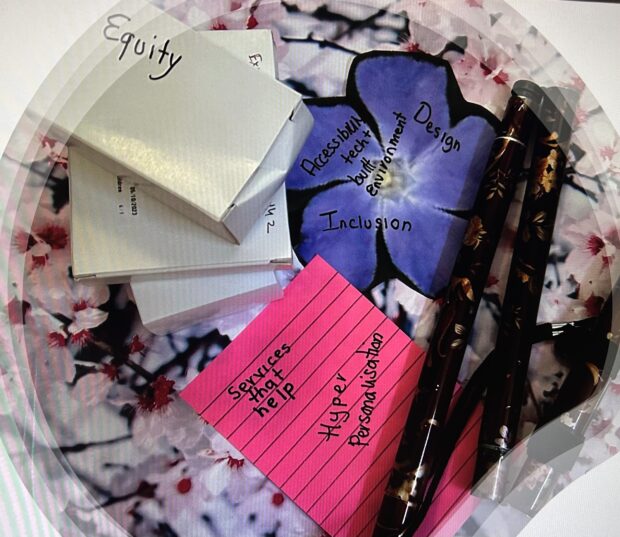 Items show the disability journey for someone who has issues with immunity and mobility. It includes a purple flower, a post it note, medication boxes and a walking stick.