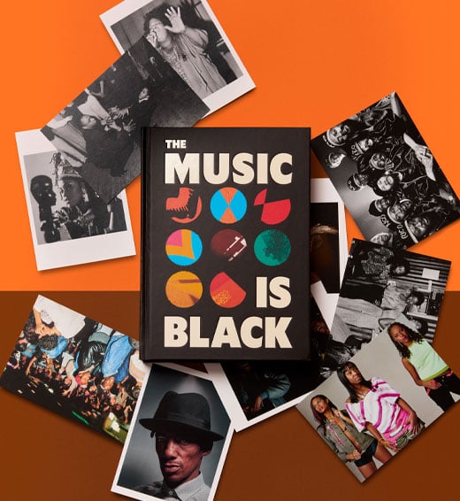 The Music is Black: A British Story exhibition range The Music is Black exhibition book and scattered postcards.