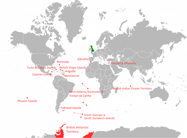 https://commons.wikimedia.org/wiki/File:British_Overseas_Territories.svg Map showing the locations of the UK’s overseas territories: Gibraltar, Bermuda, British Virgin Islands, Anguilla, Monserrat, Turks and Caicos Islands, Cayman Islands, Akrotiri and Dhekelia, British Indian Ocean Territory, Saint Helena, Ascension and Tristan da Cuncha, Pitcairn Islands, Falkland Islands, South Georgia and South Sandwich Islands and British Arctic Territory.