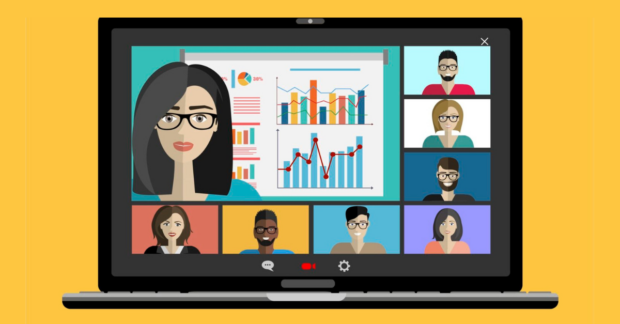 animated image of people on a conference call on a laptop screen seen discussing the graph on the shared screen.