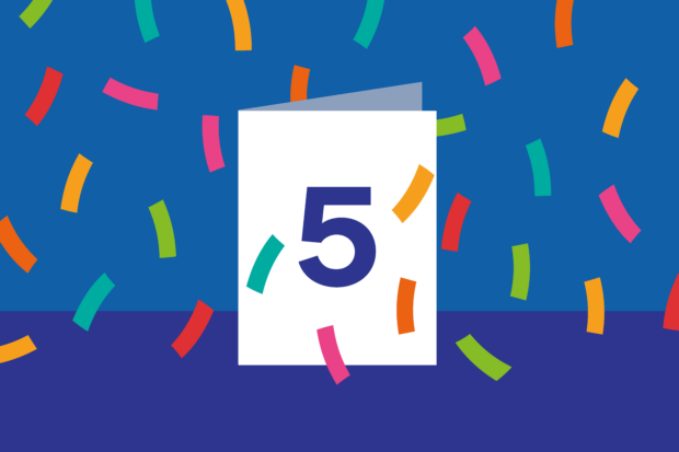 Illustration of GDS 5th birthday card with confetti