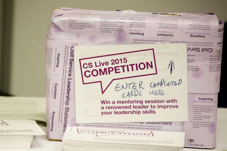 Box papered with Civil Service Leadership Statement and a label on the side requesting CS Live 2015 competition entry cards to be inserted.