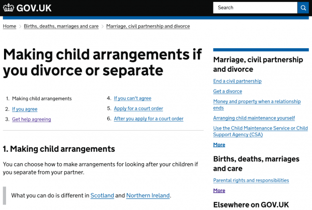 Screenshot of the 'Making Child Arrangements if you divorce or separate' page on GOV.UK
