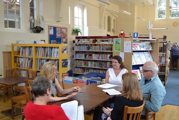 Members of the Taskforce meeting the team in Harbury community library, Warwickshire.