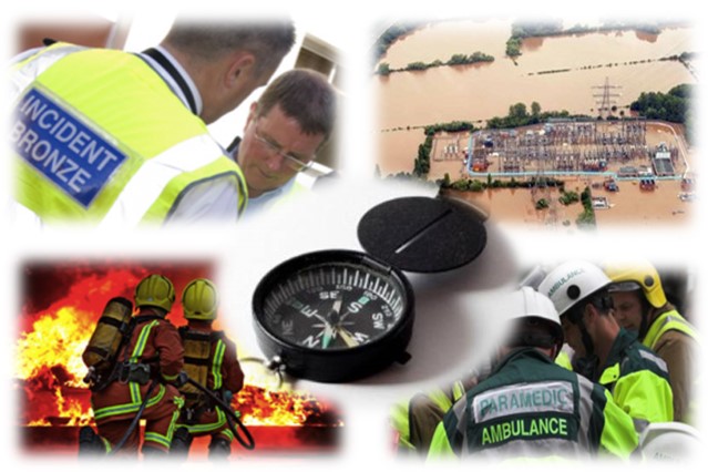 Compass surrounded by flood, firefighters, paramedics and emergency workers