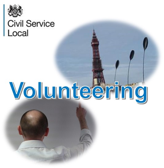 Blackpool tower, a man putting-up his hand, and text: volunteering