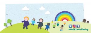 cartoon of lots of people walking with #Walktowellbeing written