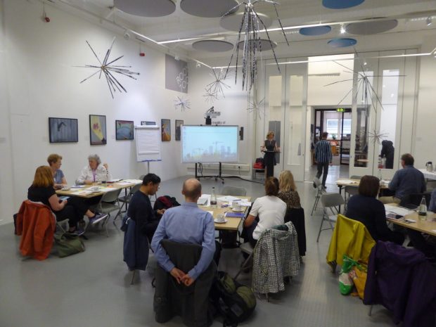 Participants starting to arrive for the workshop in Leeds library Room 700.