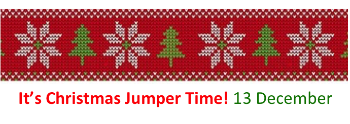 White smowflakes and green christmas trees on a red background with words It's Christmas Jumper Time! 13 december