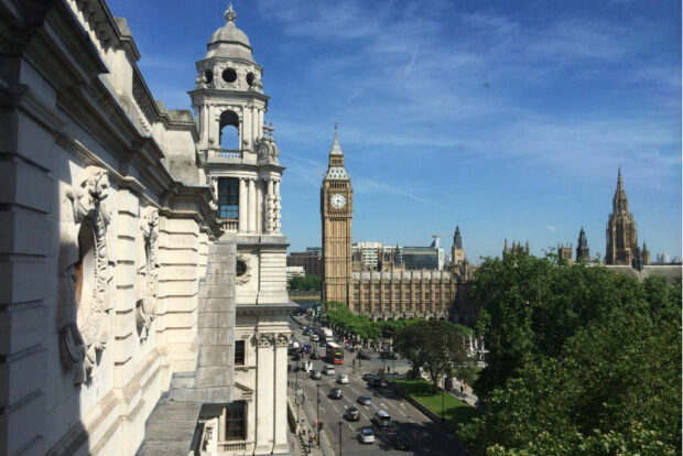 View of Big Ben and the Houses of Parliament facing down Westminster Bridge