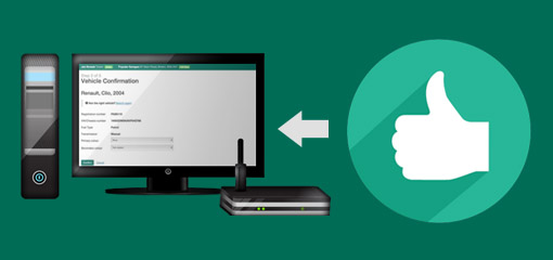 outline of thumbs up next to a desktop computer