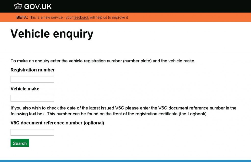 Screenshot showing the vehicle enquiry page asking for registration number and vehicle make