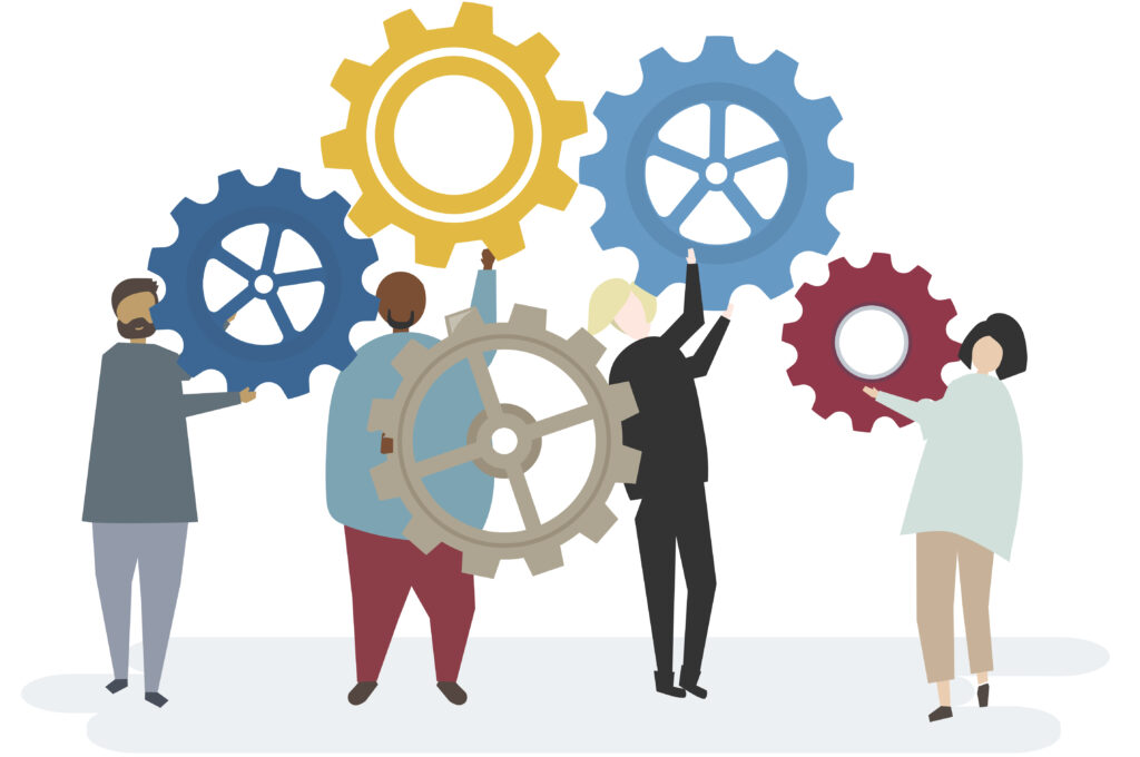 Illustration of characters holding cogwheels
