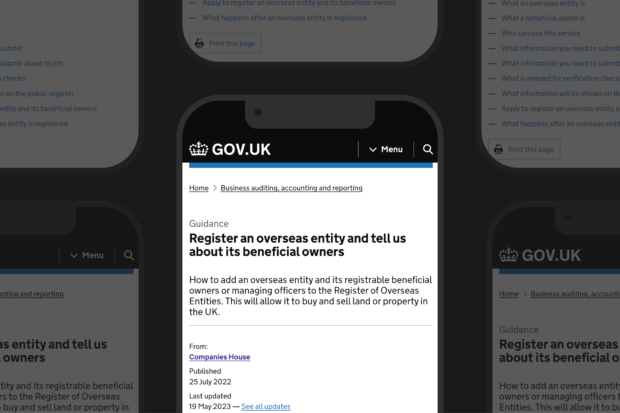 A tablet showing the GOV.UK page to 'Register an overseas entity and tell us about its beneficial owners"