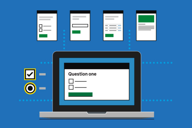 GOV.UK Forms graphic showing questions around a laptop.