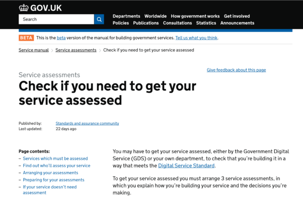 Screen Shot of service assessment page on GOV.UK