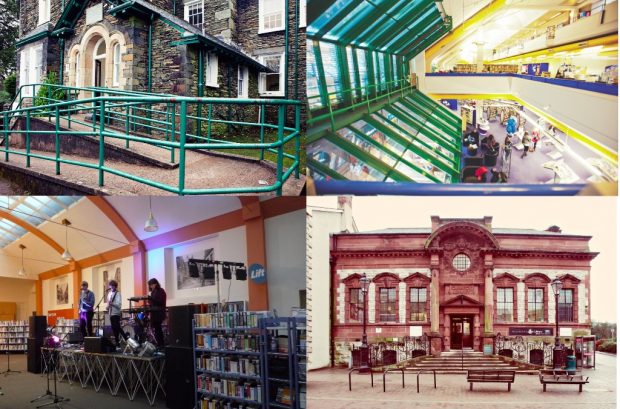 Some of Cumbria’s libraries. clockwise from top left: Windermere, inside Carlisle, Kendal, and Get it Loud in libraries gig in Kendal library. Photo credits: Cumbria County Council
