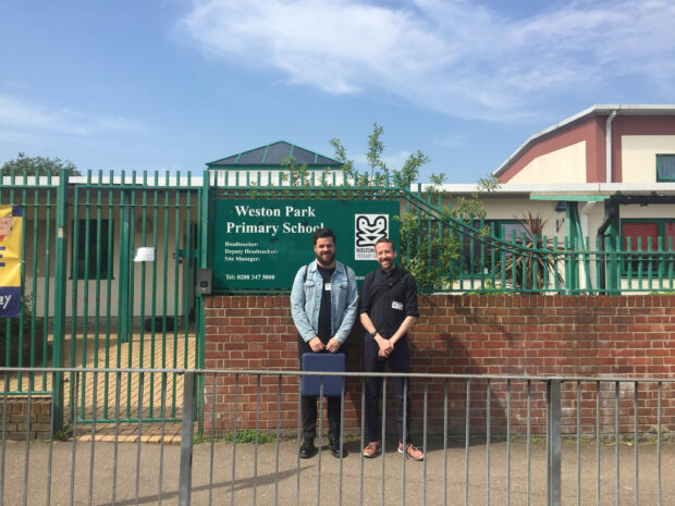 Stephen and Ed outside Weston Park Primary School
