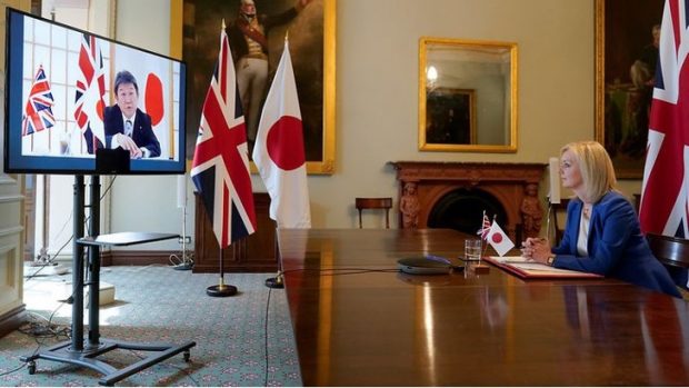 An image of DIT’s Secretary of State Liz Truss on a conference call to secure the free trade agreement with Japan