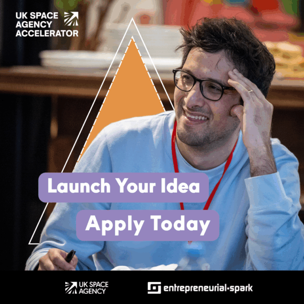 Promotional image for the UK Space Agency Accelerator, featuring an attendee at a seminar, with text encouraging to 'Launch Your Idea, Apply Today'. Logos of UK Space Agency and Entrepreneurial Spark are displayed.