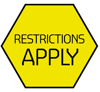 Hexagon with text inside saying: 'Restrictions apply'.