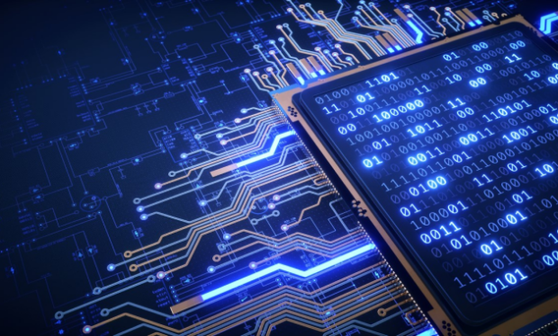 A close up of computer circuitry with binary code displayed on an embedded microchip
