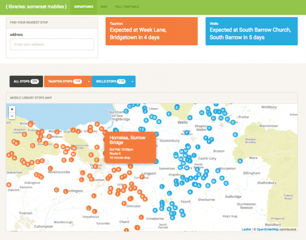 Screenshot showing dashboard of Somerset’s mobile library service