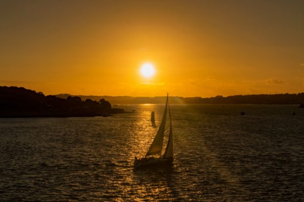 A sailing boat sets out in evening sunshine.