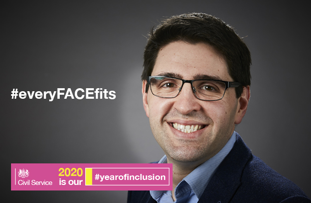 A headshot of a man wearing spectacles and smiling. Next to him, there is text that reads #everyFACEfits, and '2020 is our #yearofinclusion'