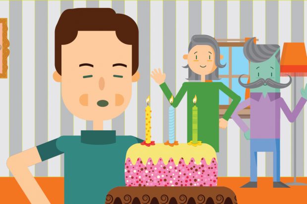 Cartoon of a man blowing out candles on a cake.