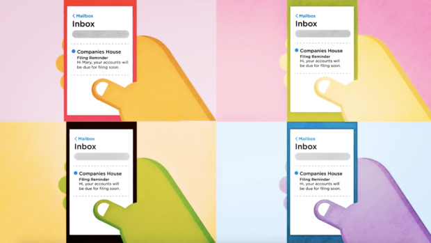 4 mobile phones displaying email reminders from Companies House