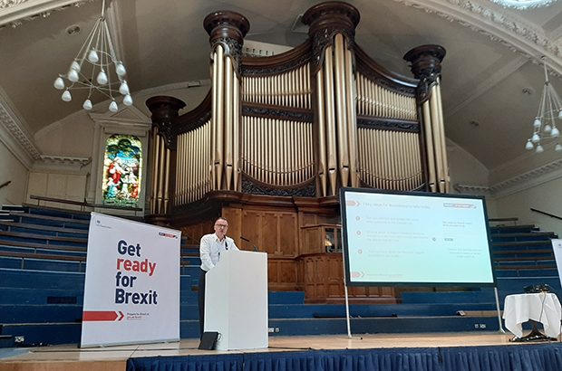 Nick Chism speaking at the Brexit roadshow in Nottingham.