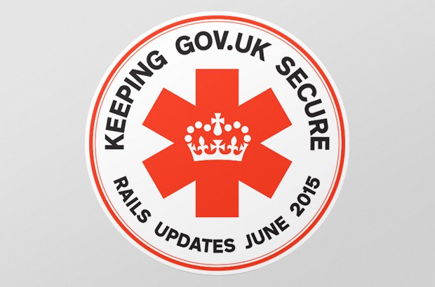 A mission patch sticker "keeping GOV.UK secure: rails updates June 2015"