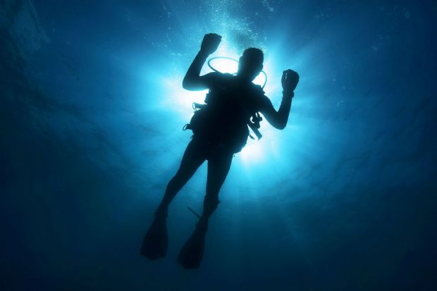 A person in scuba gear in the ocean.