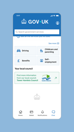 Screenshot of the GOV.UK app, showing the GOV.UK wordmark centred in the top header and the crown watermark centred at the end of a page.
