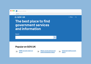 A screenshot of the GOV.UK homepage on desktop, showing web palette colours such as Primary blue for the header and links and Primary purple for visited links.