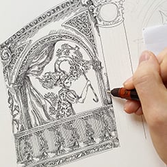 Gisela Gayleard print A close up of a pen drawing with the artist's hand in the frame.