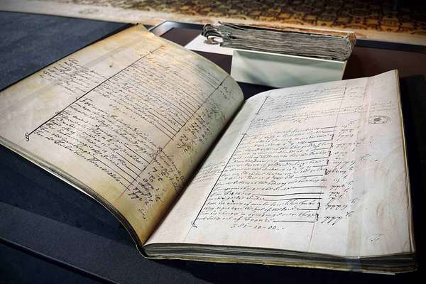 A historical volume lies open in a display case, revealing several handwritten lists.