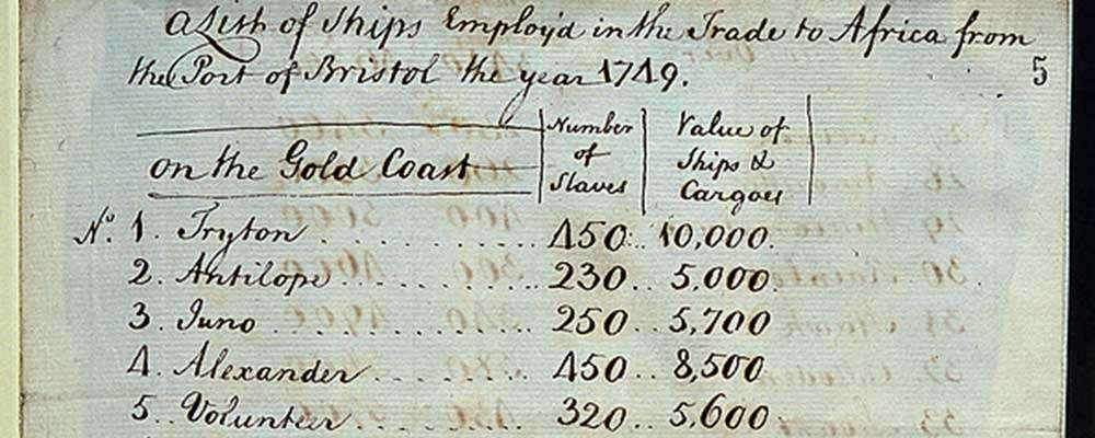 A hand written list of ship names listing the number of slaves each carried.