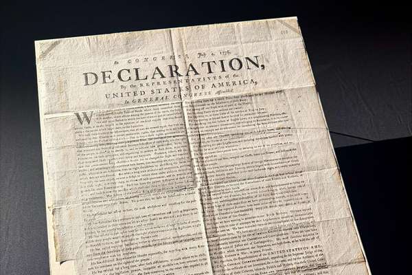 A photograph of the US Declaration of Independence printed in Exeter, New Hampshire in 1776