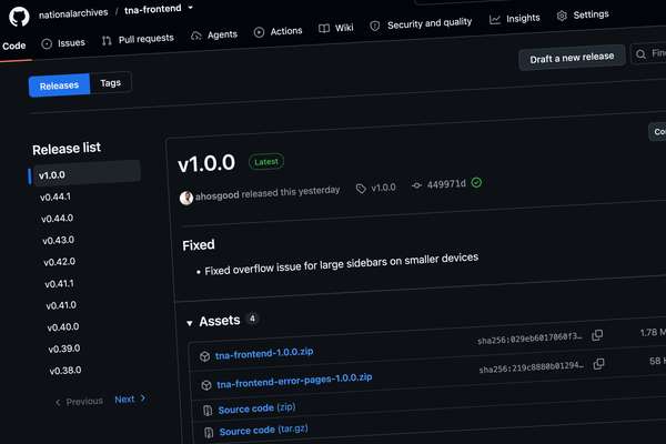 List of TNA Frontend releases on GitHub, showing v1.0.0 at the top