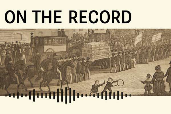 Cover art featuring a sepia drawing of chartists marching into london