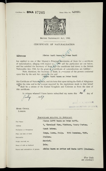 Image of a naturalisation certificate of Peter Santi from July 1957