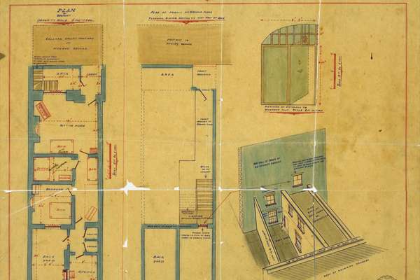 A hand-drawn top-down plan of a basement.