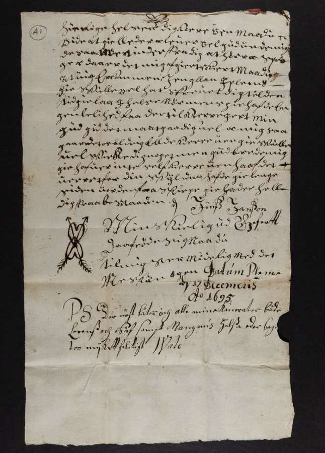 A single sheet of paper half-filled with handwritten text with further notes and a sketch of two arrows through two hearts.