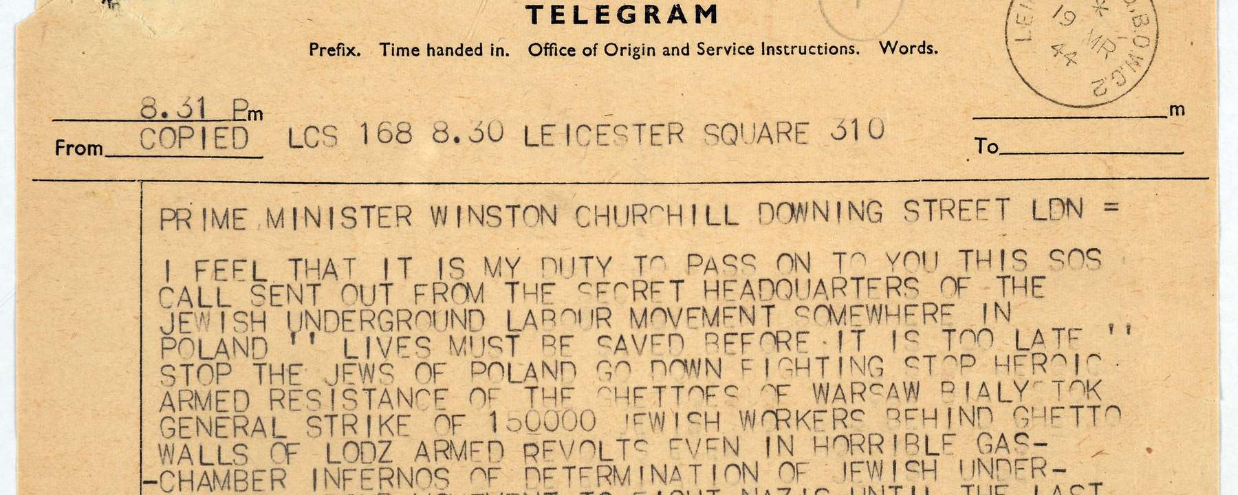 browned paper with typewriter written text. Post office stamp can be seen.