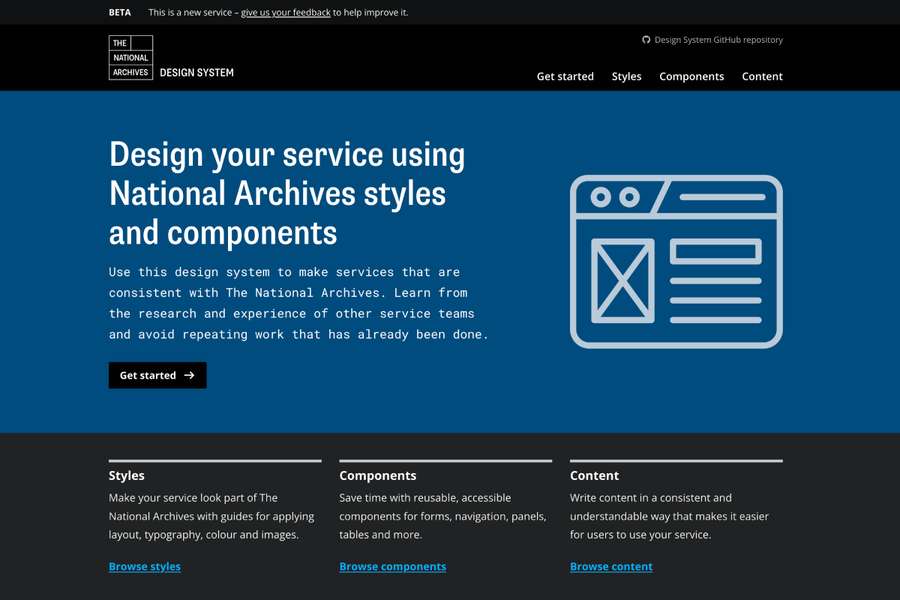 A screenshot of The National Archives Design System