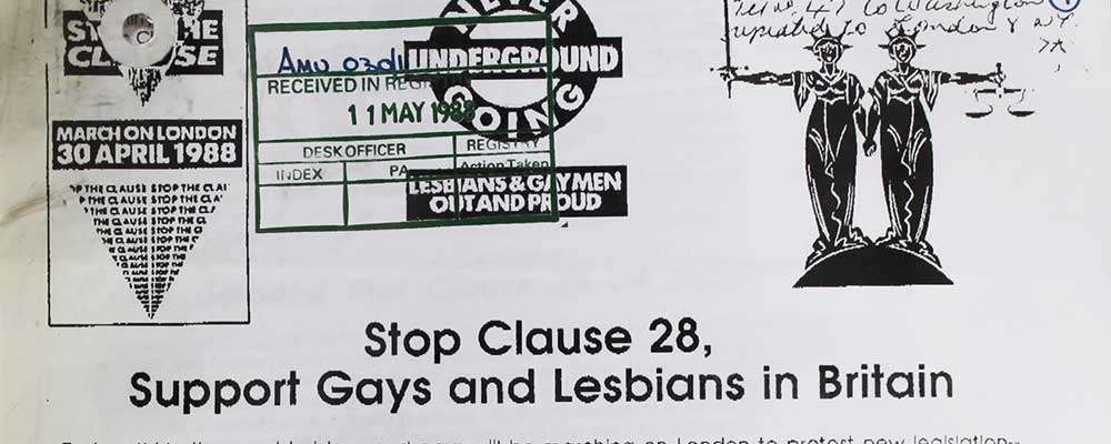 A typed leaflet with logos for 'Stop the Clause', 'Lesbians and Gay Men Out and Proud' and OLGA.