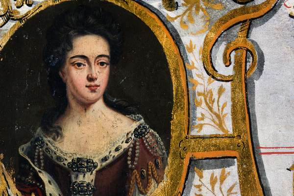 A colourful illustration of Queen Anne surrounded in decorative gold