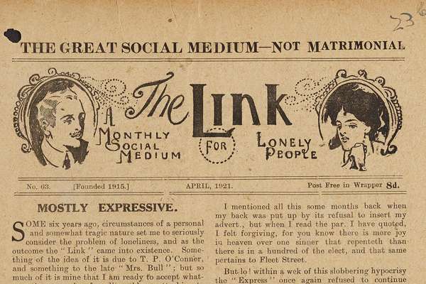 cover page of the link, with a full page of printed text and illustrations of a man and a woman